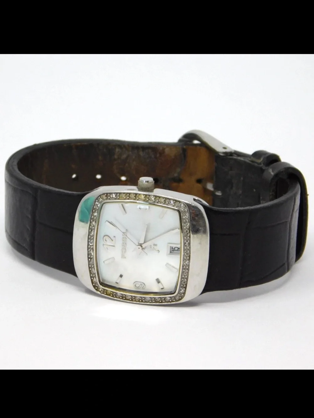 Fossil Women's Watch F2 ES9719 Black Leather Crystal Bezel MOP Dial Date Ladies